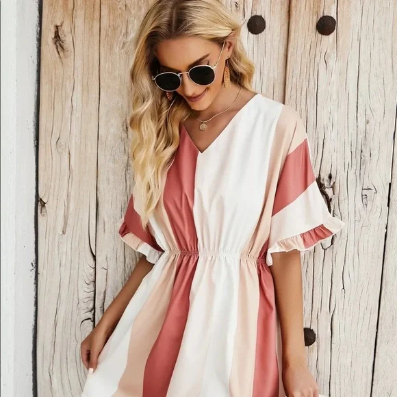 SHEIN | Dresses | Shein Colorblock Flounce Sleeve Aline Dress Xl New |  Poshmark